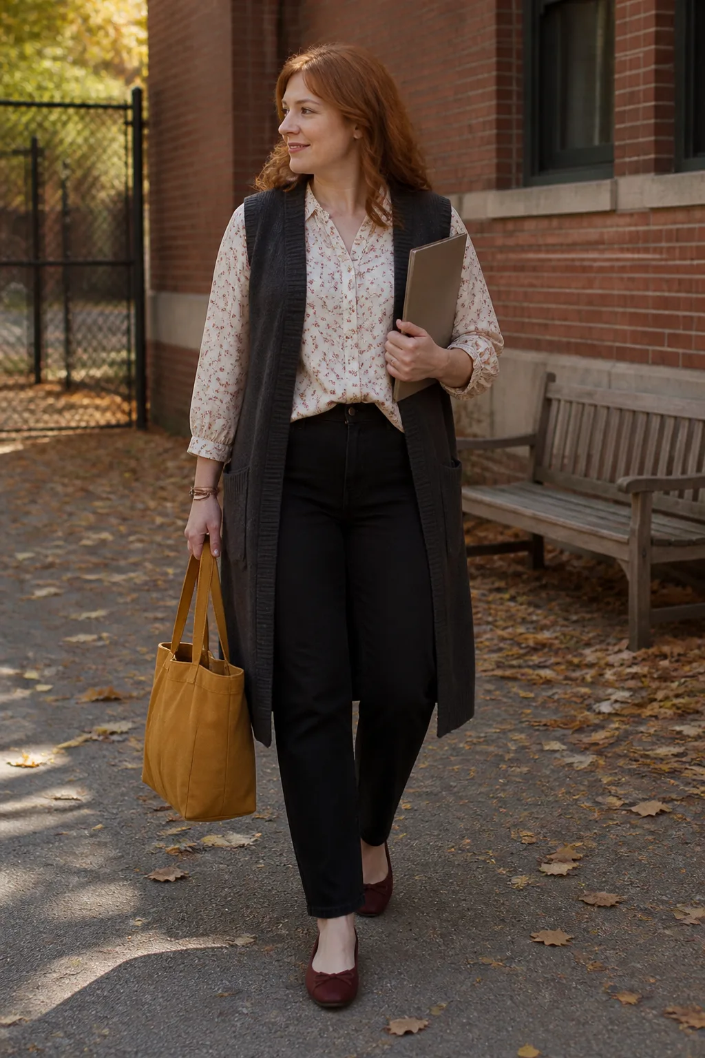 Black Jeans with a Floral Blouse and Long Vest