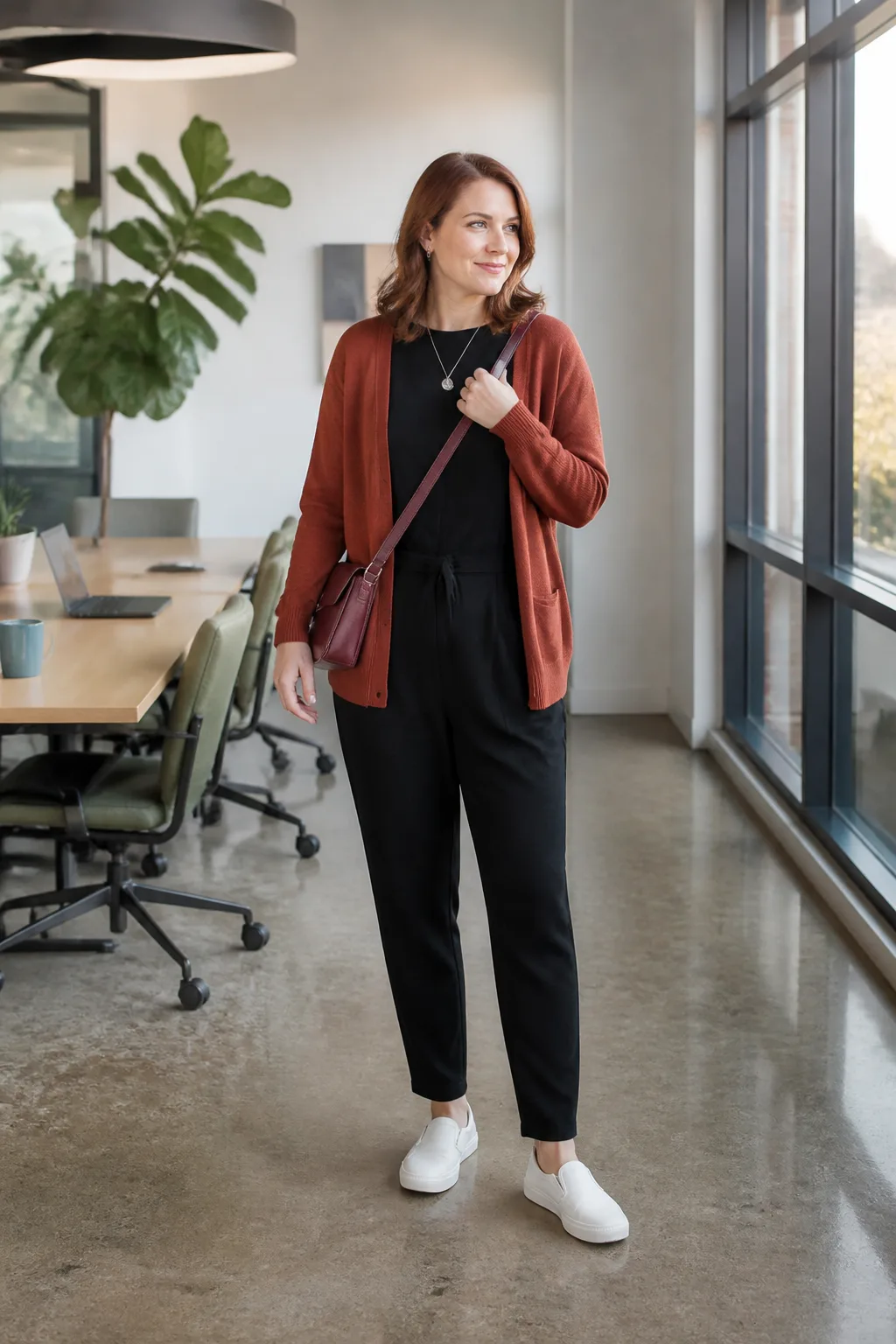 Black Jumpsuit, Rust Cardigan, and White Sneakers