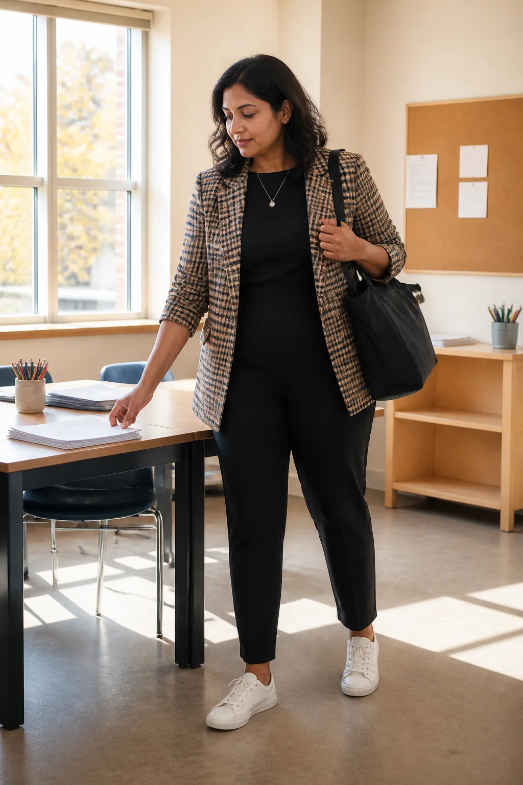 Black Jumpsuit with a Checked Blazer