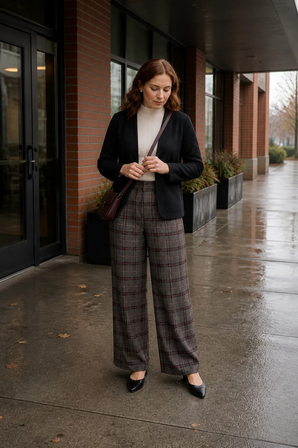 Black Knit Jacket with Plaid Trousers