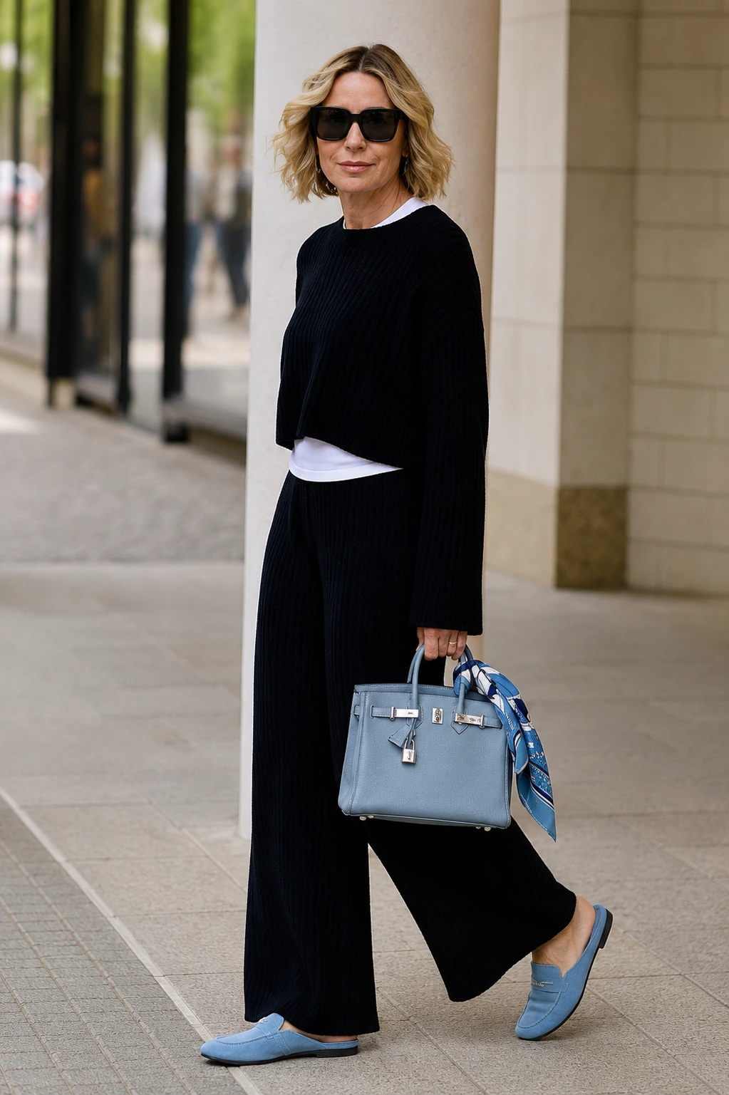 Black Knit Set + White Tee + Blue Loafers