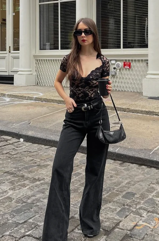 Black Lace Short Sleeve Top + Black Wide-Leg Jeans + Black Belt + Black Slingback Heels