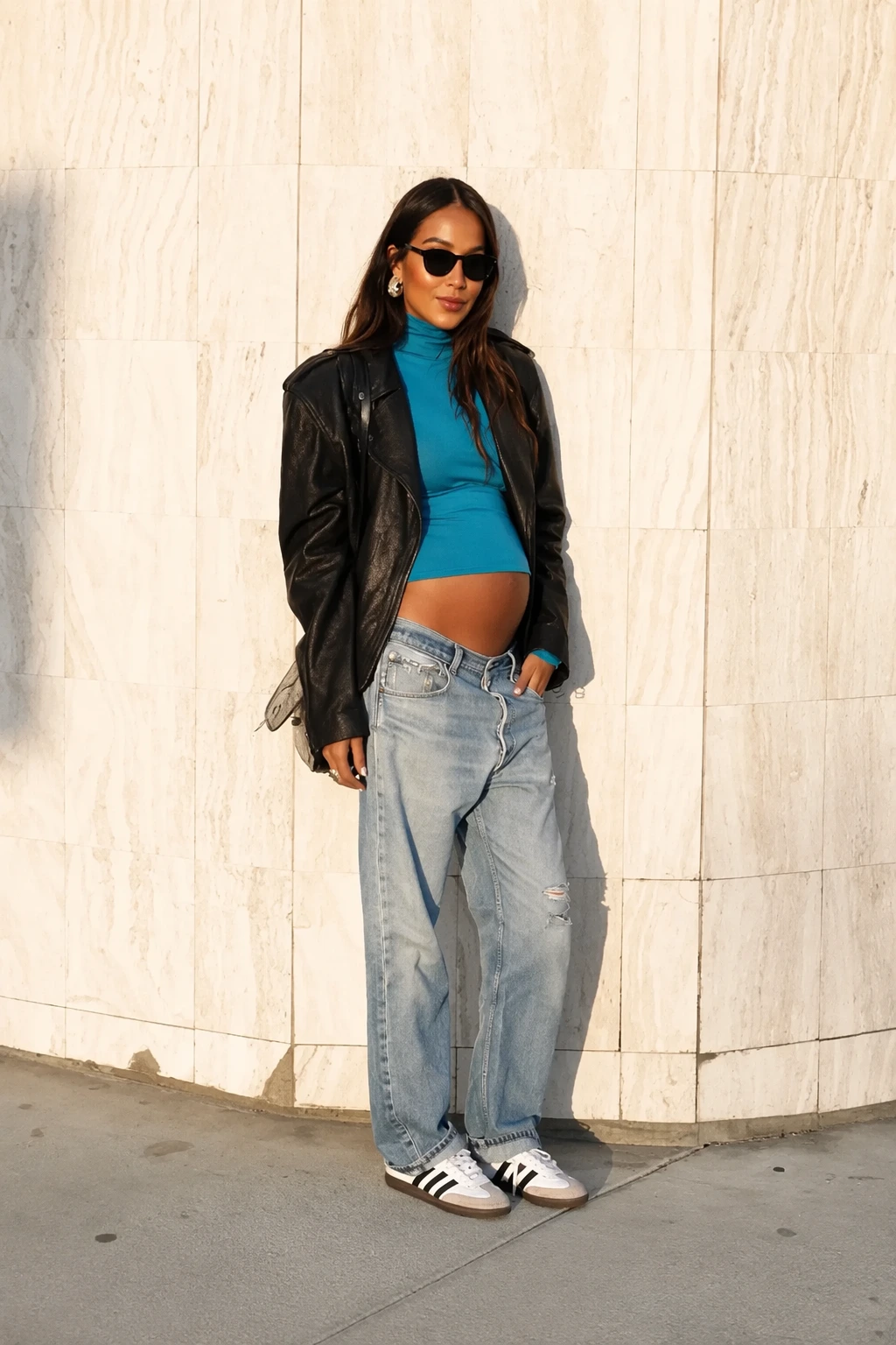 Black Leather Blazer + Blue Turtleneck Crop Top + Light Wash Loose Jeans + White Black Sneakers