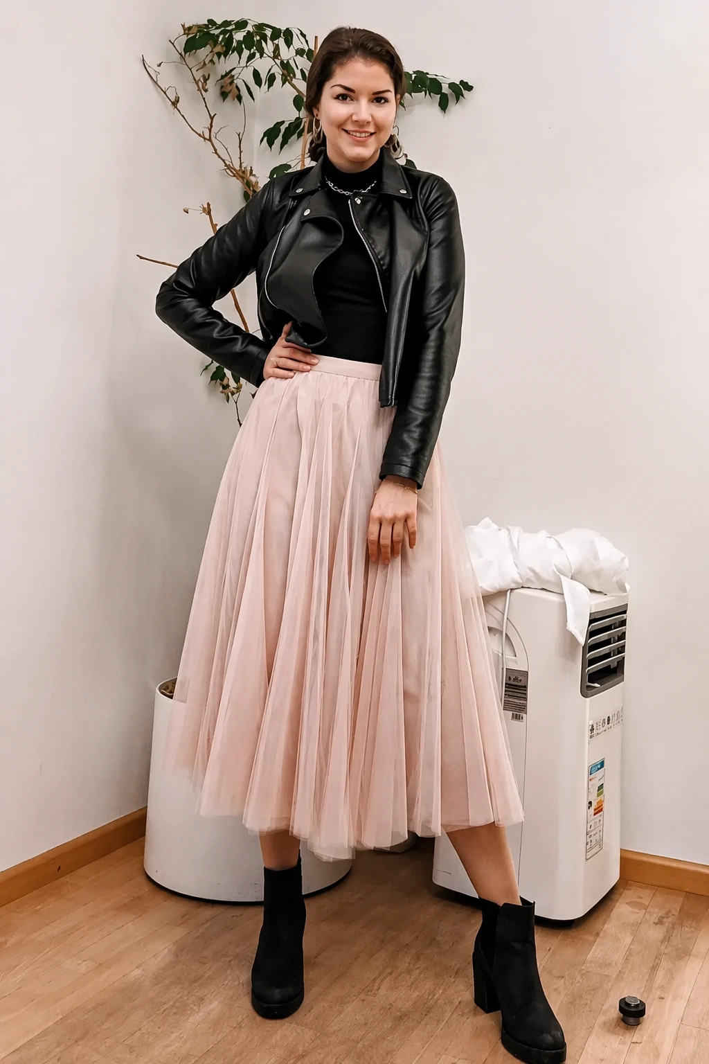Black Leather Jacket + Black Turtleneck + Blush Tulle Midi Skirt + Black Ankle Boots
