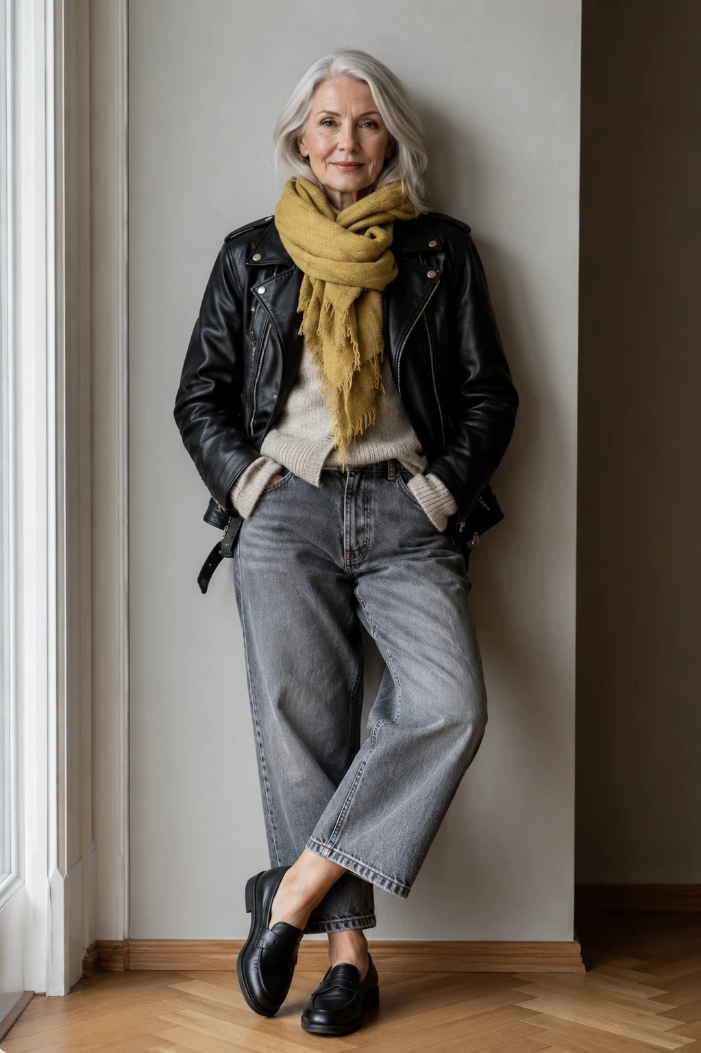 Black Leather Jacket + Gray Jeans + Mustard Scarf