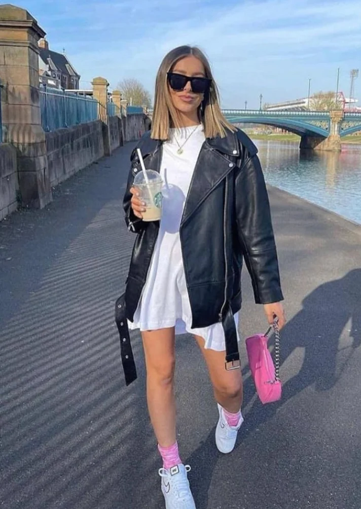 Black Leather Jacket + White T-Shirt Dress + White Sneakers + Pink Socks