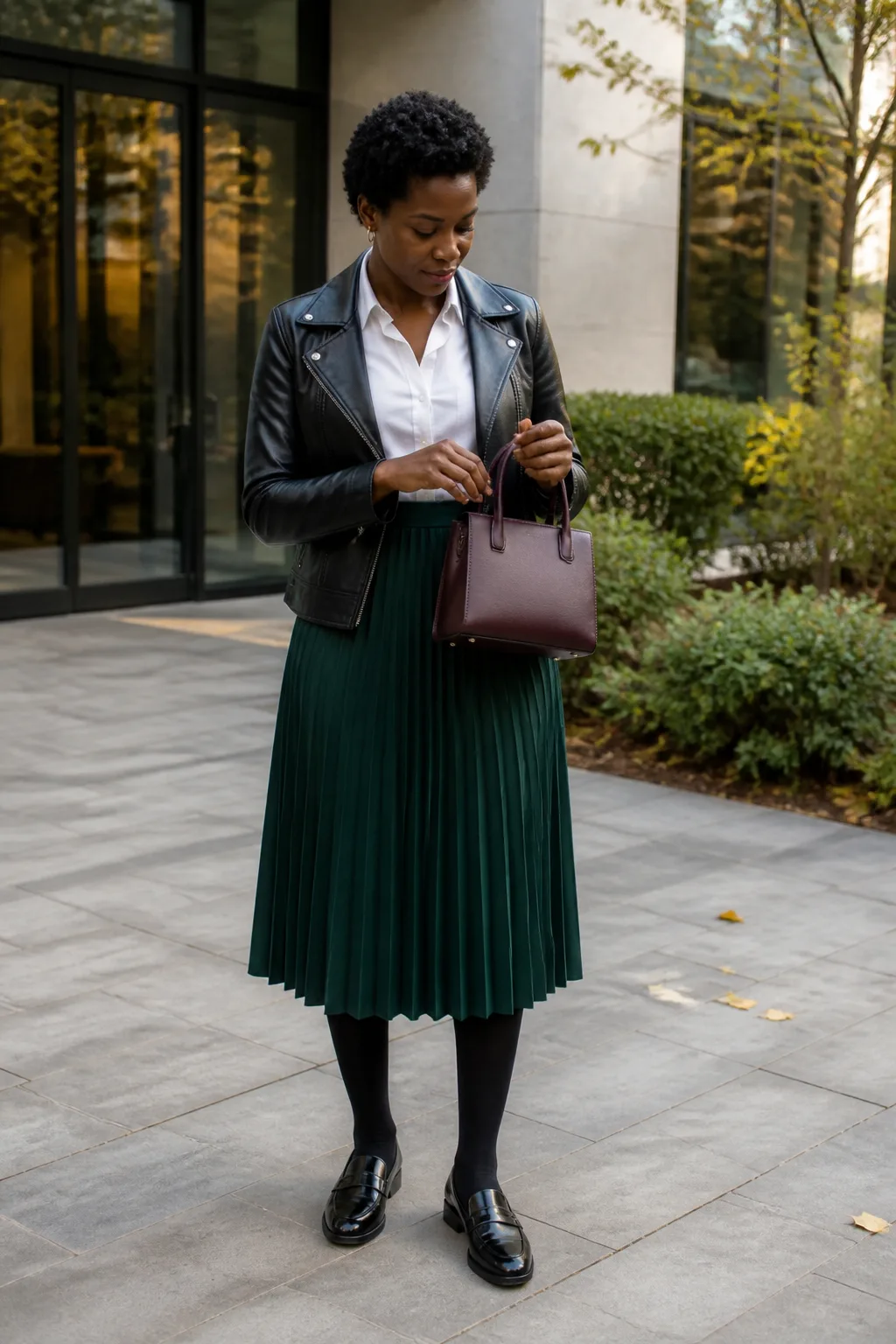 Black Leather Jacket with Pleated Midi Skirt