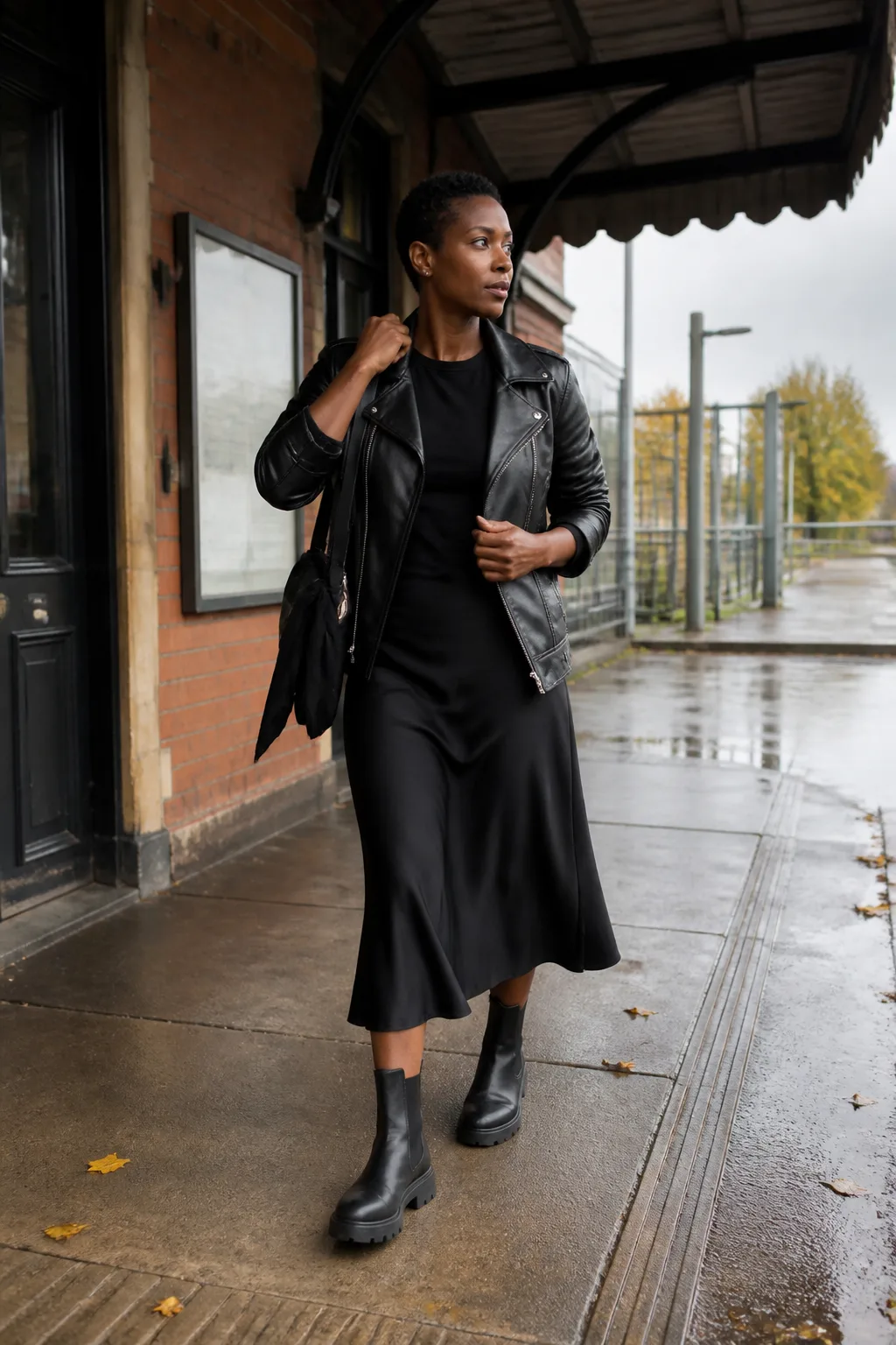 Black Leather Jacket with Satin Slip Skirt