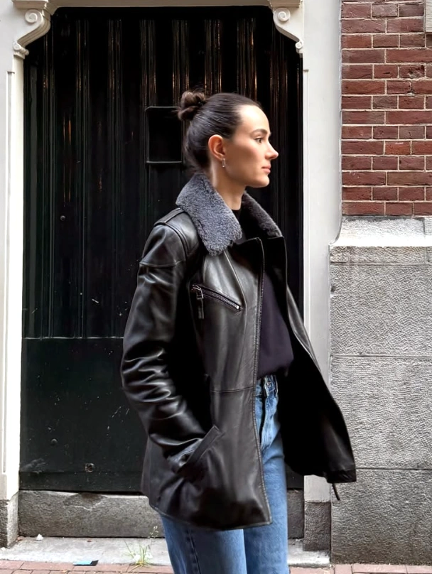 Black Leather Jacket with Shearling Collar + Straight Leg Jeans