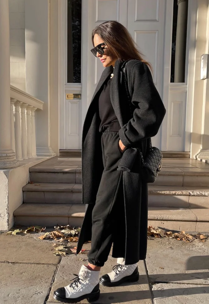 Black Long Coat + Black Turtleneck Top + Black Joggers + Black White Sneakers