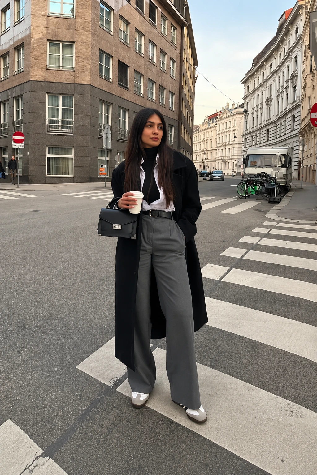 Black Long Coat + Black Turtleneck + White Shirt + Wide Grey Trousers + Sneakers