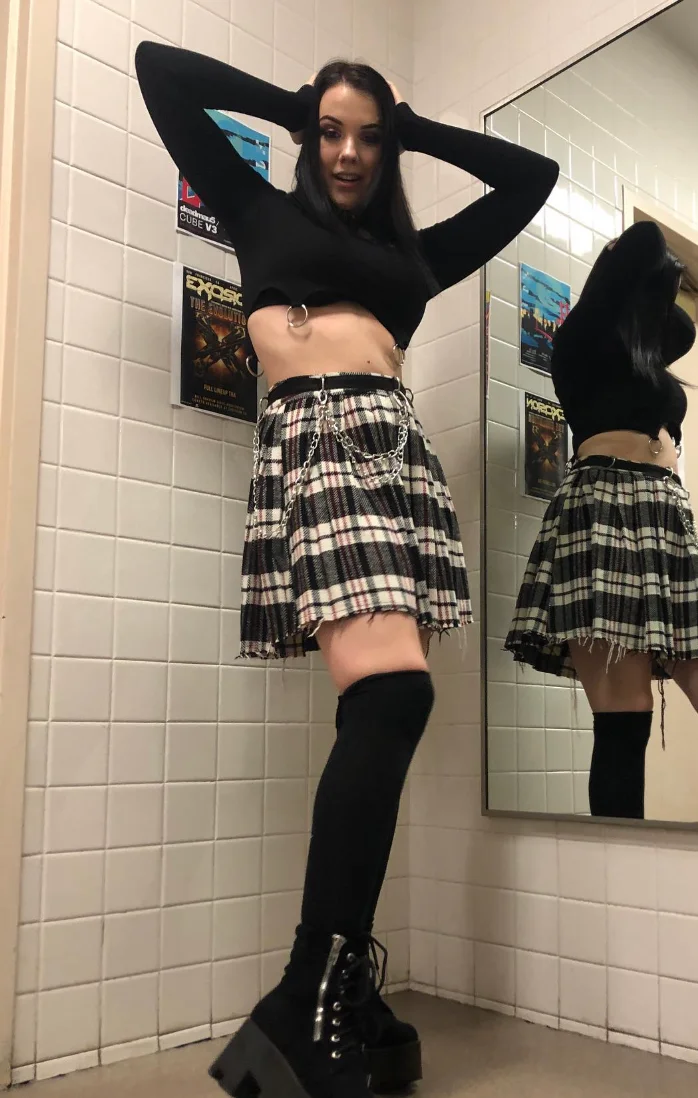 Black Long Sleeve Crop Top + Black White Plaid Pleated Mini Skirt + Black Thigh High Socks + Black Platform Lace Up Boots