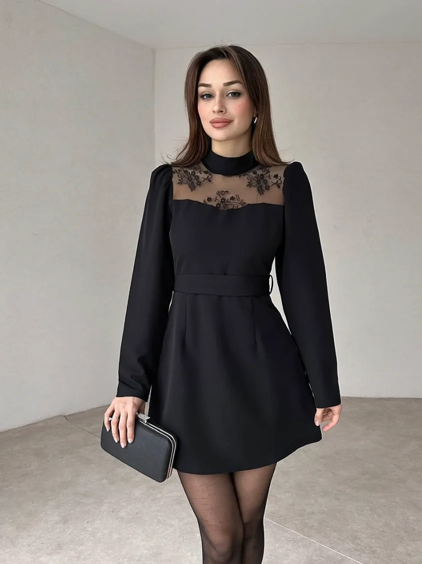 Black Long Sleeve Mini Dress Sheer Lace Neckline plus Cuffs