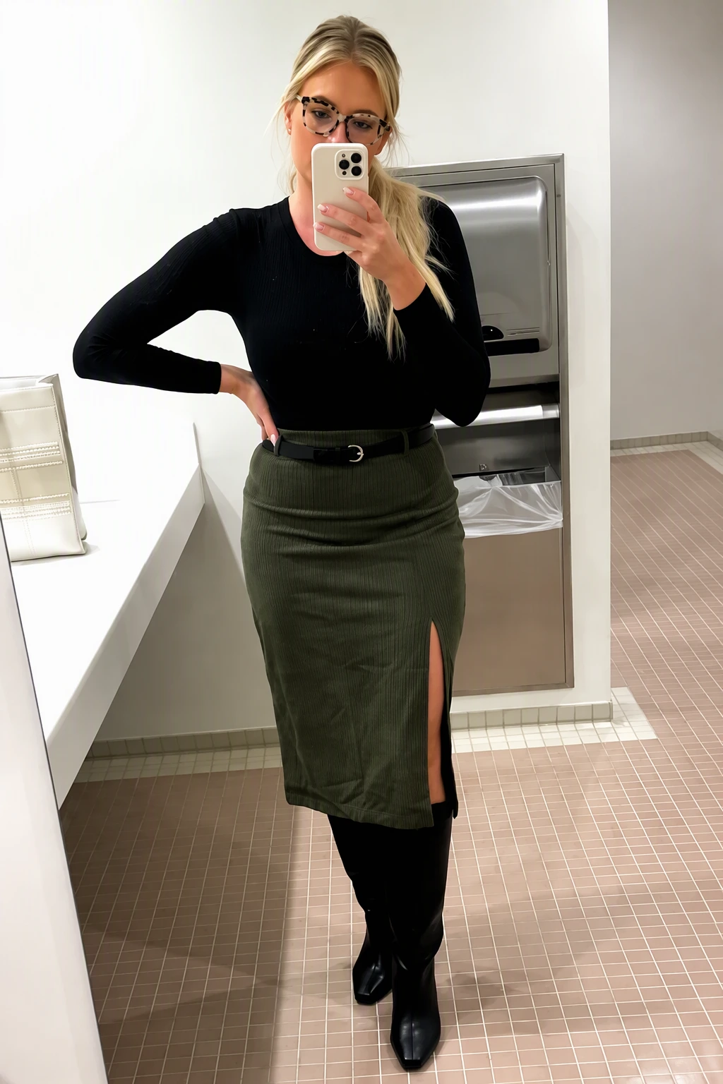 Black Long-Sleeve Top + Olive Midi Skirt + Knee-High Boots
