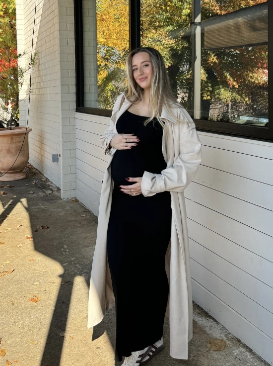 Black Maxi Dress + Cream Oversized Trench Coat + White Sneakers