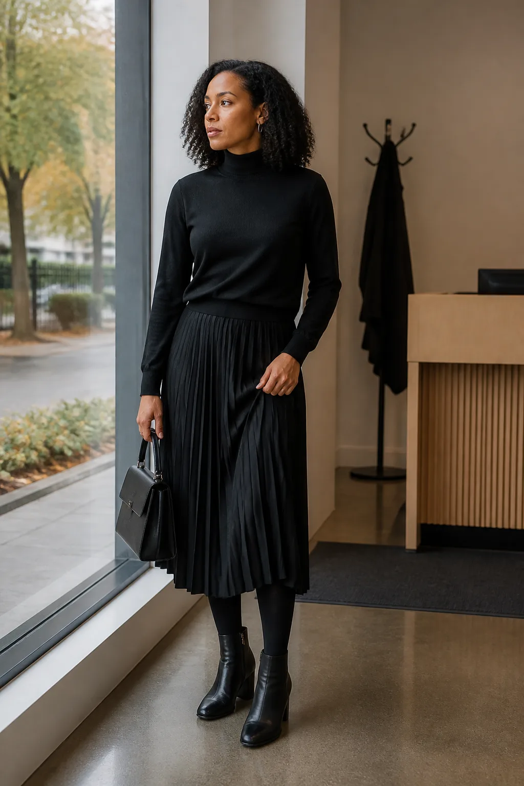 Black Merino Turtleneck with Pleated Midi Skirt