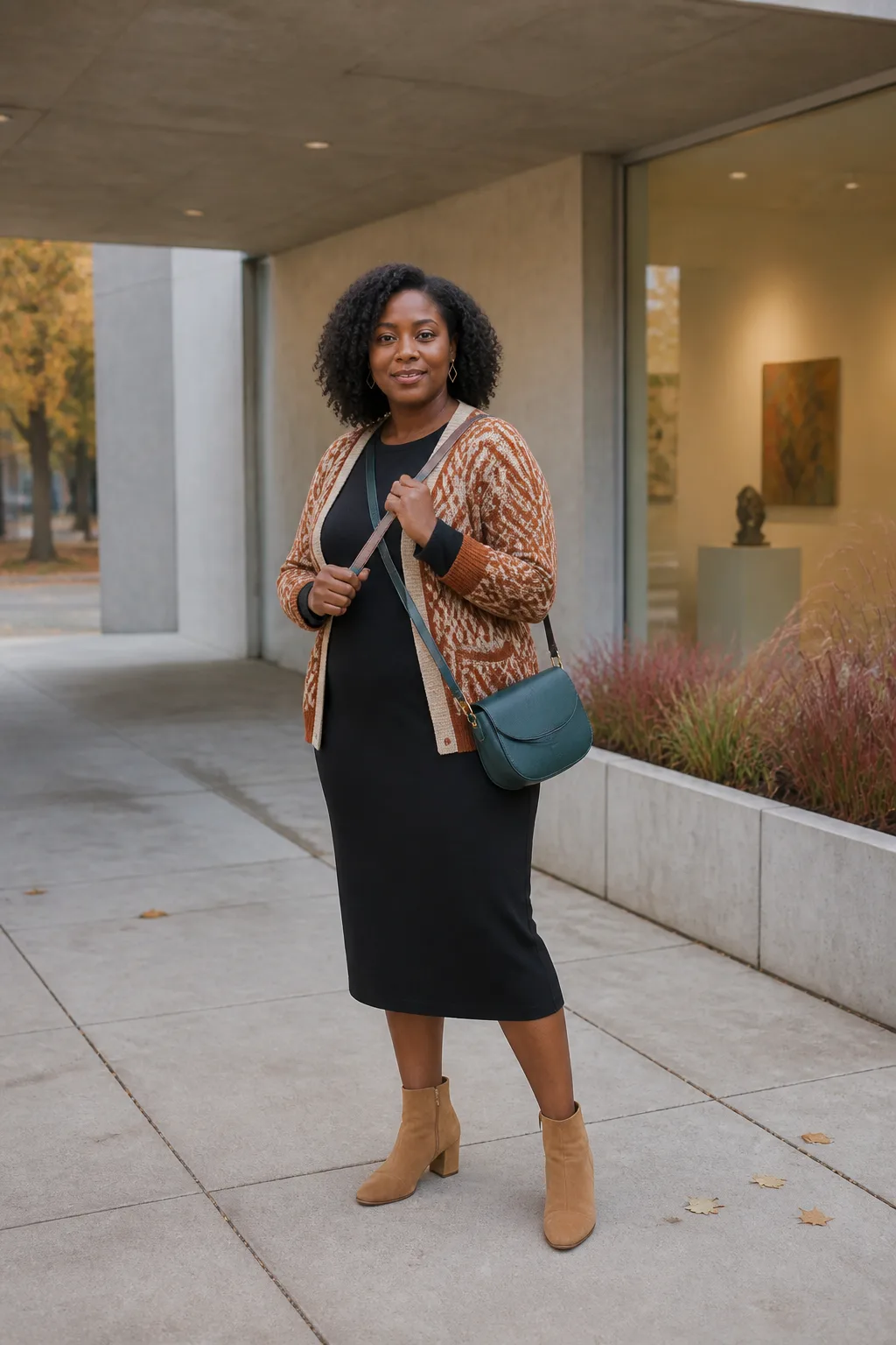 Black Midi Dress with Patterned Cardigan