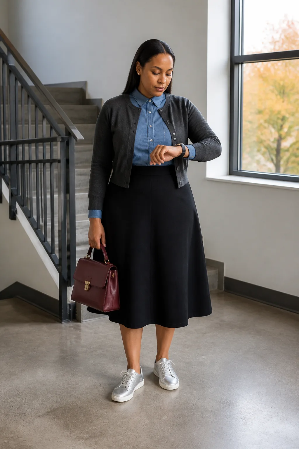 Black Midi Skirt, Denim Shirt, and Silver Sneakers