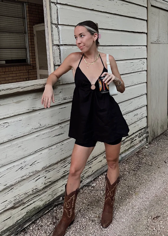 Black Mini Dress + Black Bike Shorts + Cowboy Boots