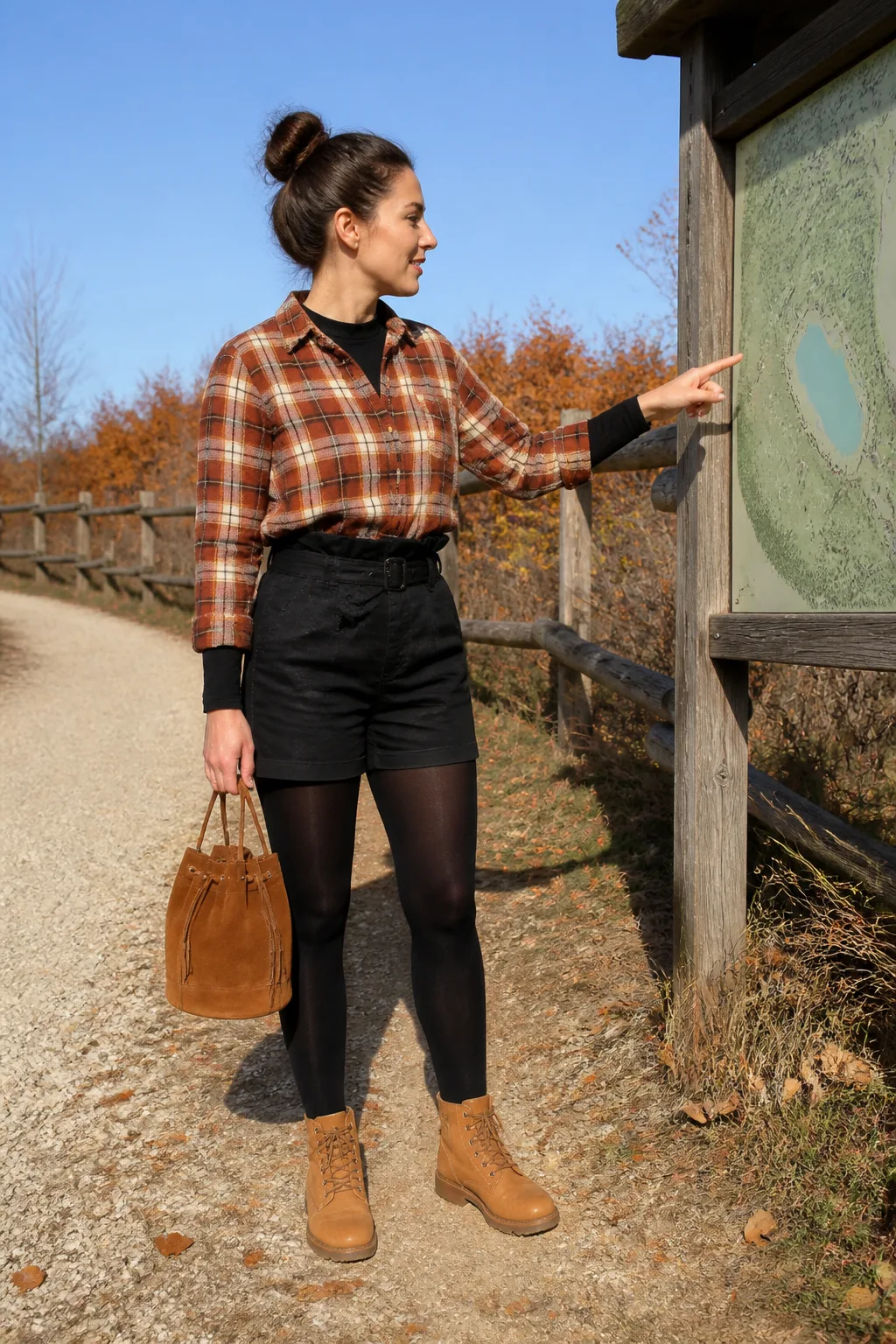 Black Paperbag Shorts with a Rust Flannel Shirt