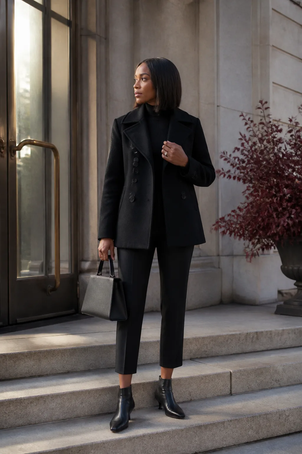 Black Peacoat with Cropped Trousers