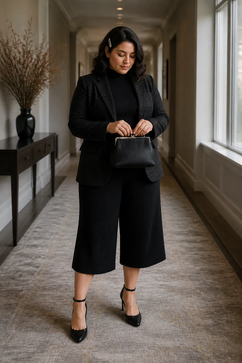 Black Plaid Blazer with Knit Culottes