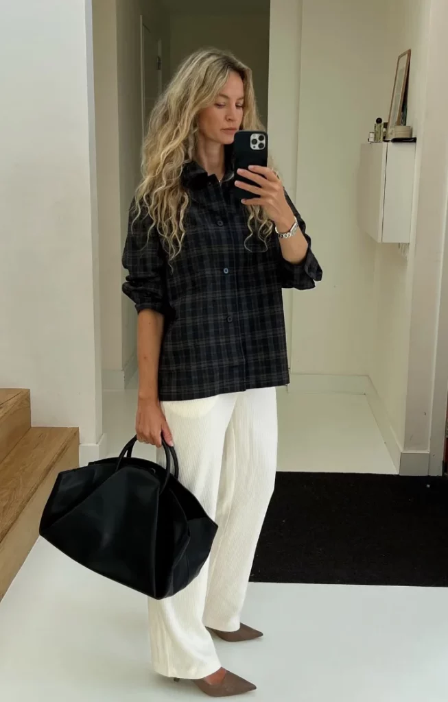 Black Plaid Button-Down Shirt + White Wide-Leg Trousers + Brown Pointed-Toe Flats