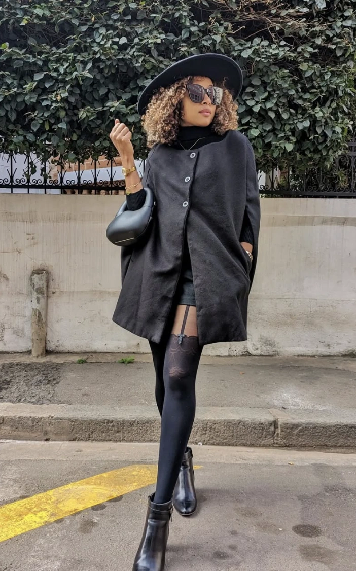 Black Poncho Coat + Stockings + Black Ankle Boots