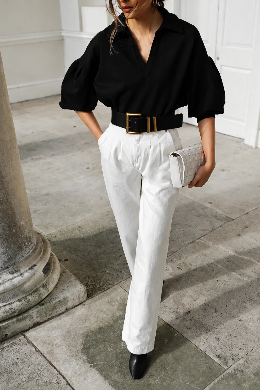 Black Puff Sleeve Blouse + White Jeans + Circle Belt