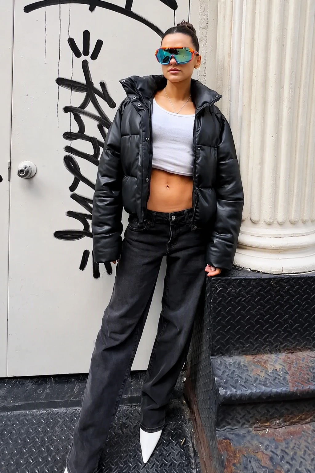 Black Puffer Jacket + White Cropped Tank Top + Black Wide-Leg Jeans + White Pointed Toe Boots