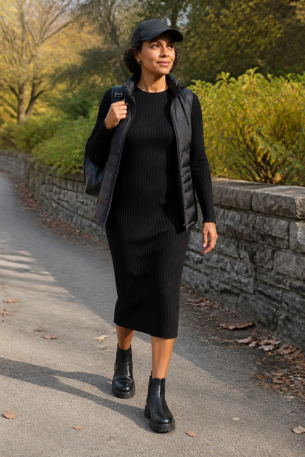 Black Puffer Vest with Knit Midi Dress