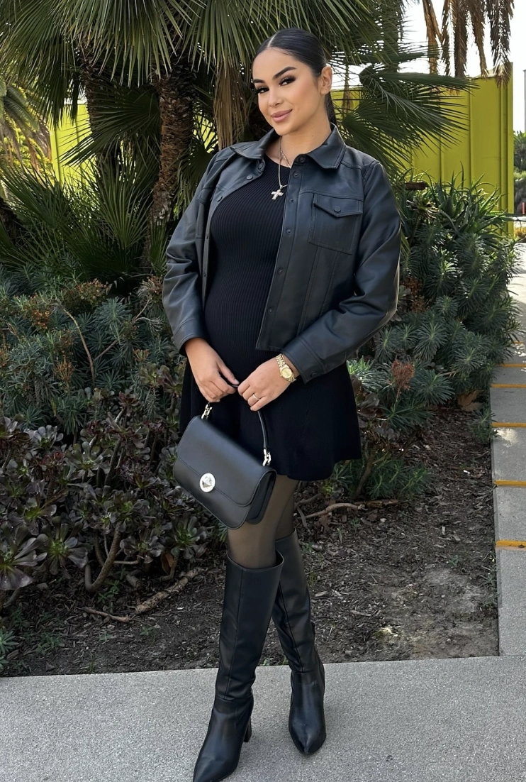 Black Ribbed Dress + Faux Leather Jacket + Knee-High Boots