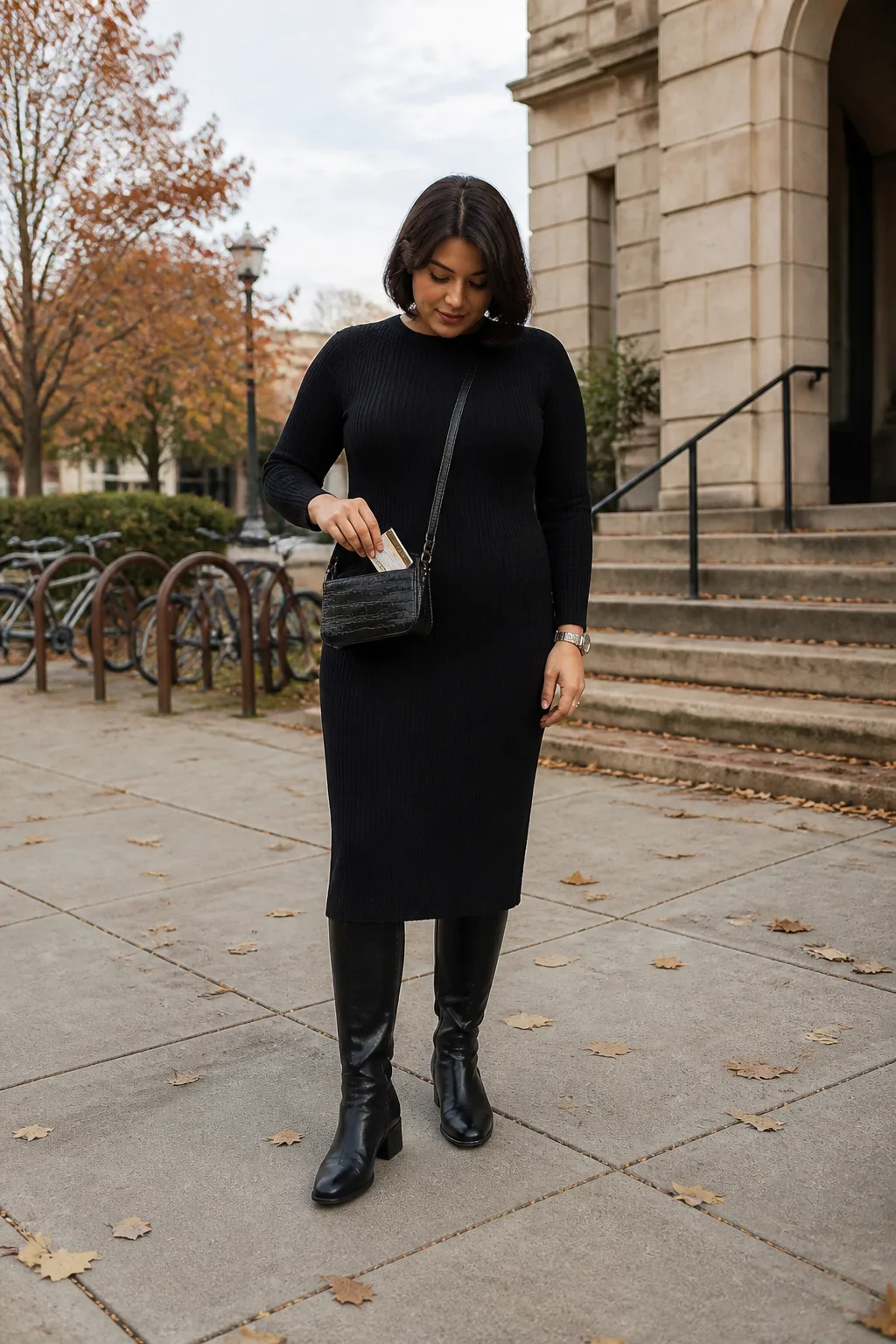 Black Ribbed Sweater Dress with Knee Boots