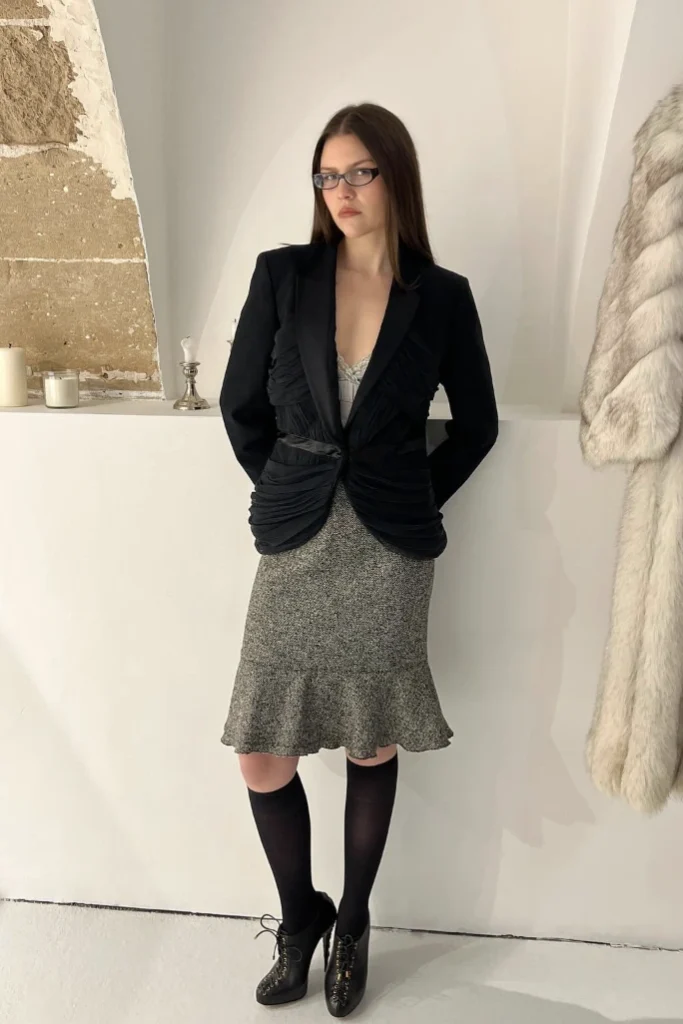 Black Ruched Blazer + Grey Tweed Ruffle Skirt + Black Knee High Socks + Black Lace Up Ankle Boots