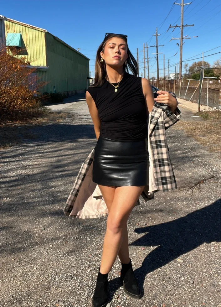Black Ruched Top + Leather Mini Skirt + Plaid Coat + Black Ankle Boots