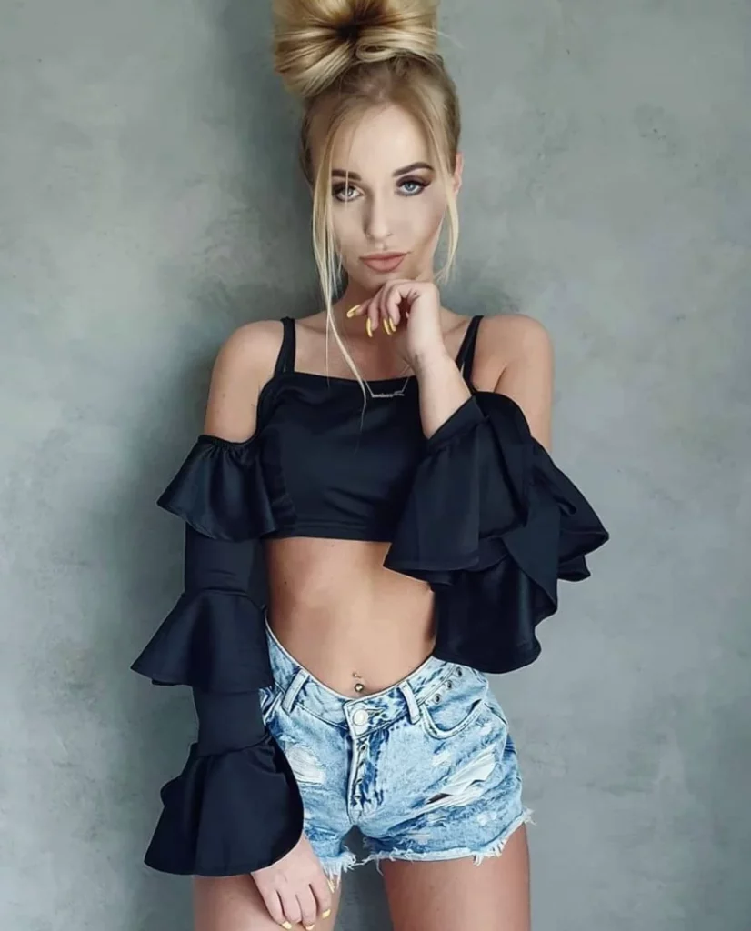 Black Ruffled Crop Top + Distressed Denim Micro Shorts