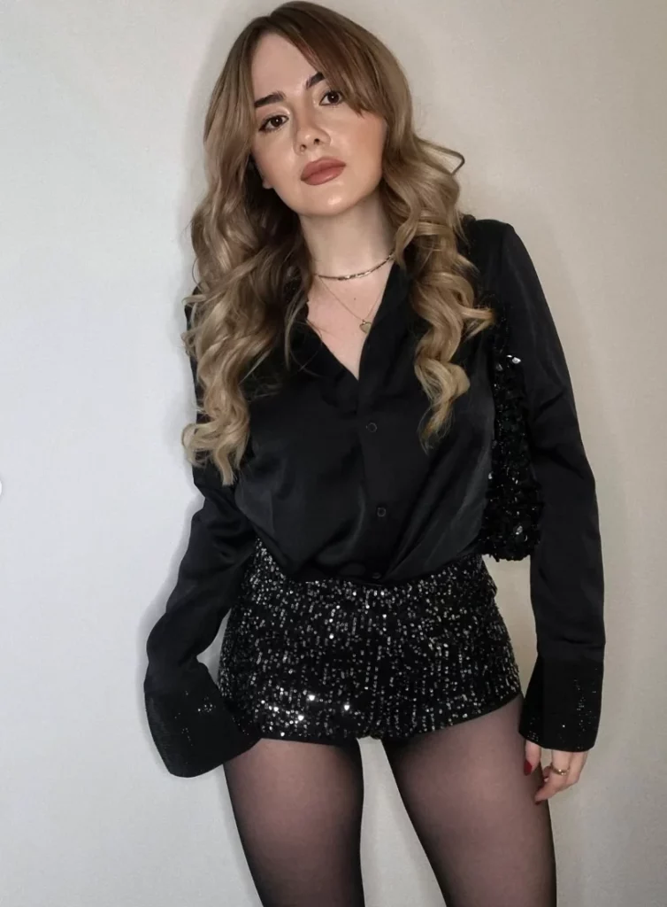 Black Satin Shirt + Black Sequin Micro Shorts + Sheer Tights