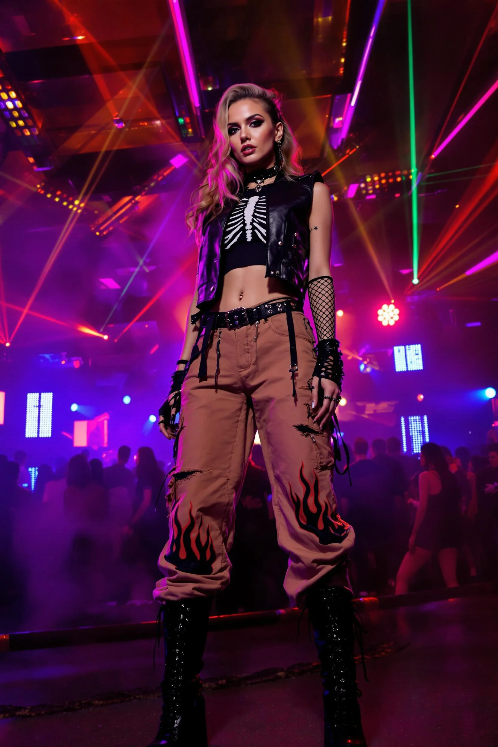 Black Skeleton Crop Top + Black Crop Leather Vest + Brown Flame Cargo Pants + Black Lace-Up Knee High Boots + Black Fishnet Arm Warmer