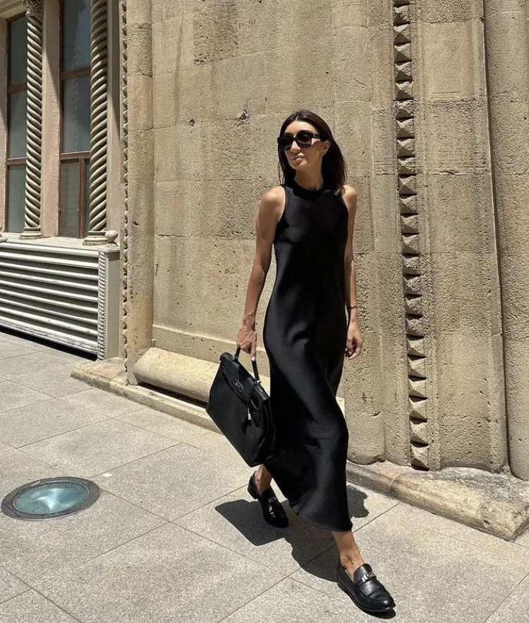 Black Sleeveless Maxi Dress + Black Chunky Loafers