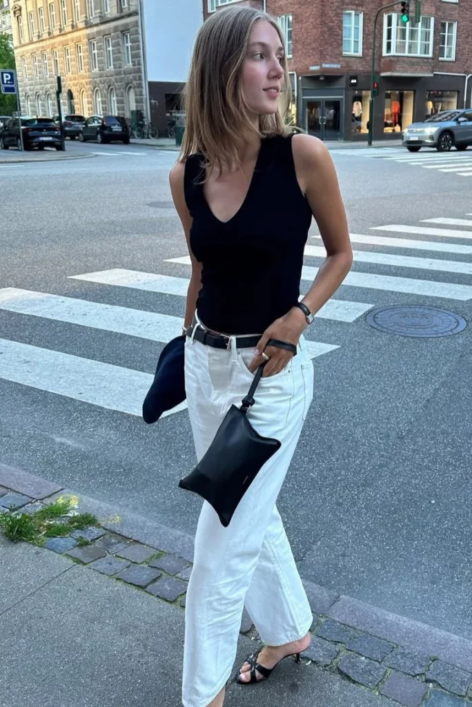 Black Sleeveless V-Neck Top + White Straight-Leg Pants + Black Strappy Sandals + Black Belt