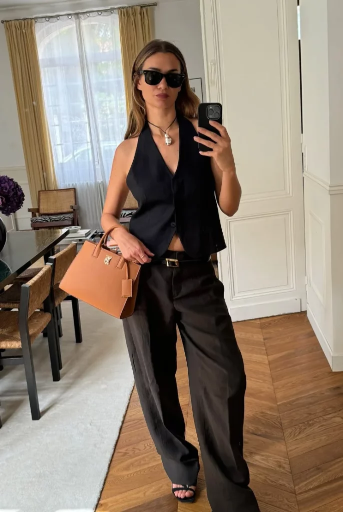 Black Sleeveless Vest Top + Black Wide-Leg Trousers + Black Strappy Heeled Sandals