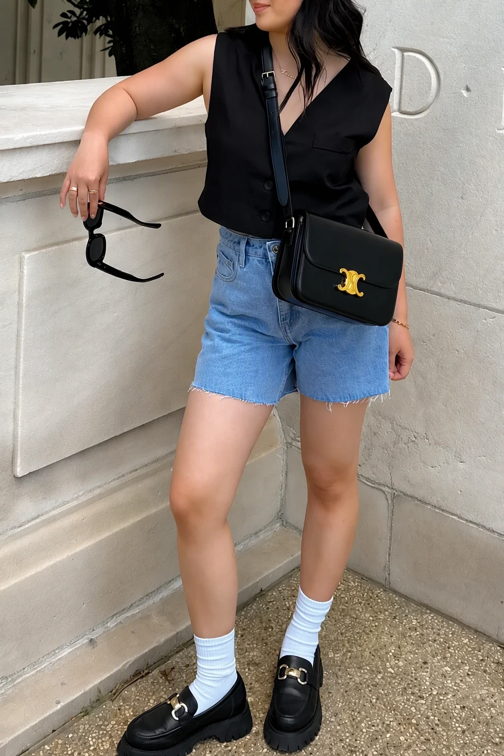 Black Sleeveless Vest Top + Light Blue Denim Shorts + Black Leather Loafers + White Crew Socks