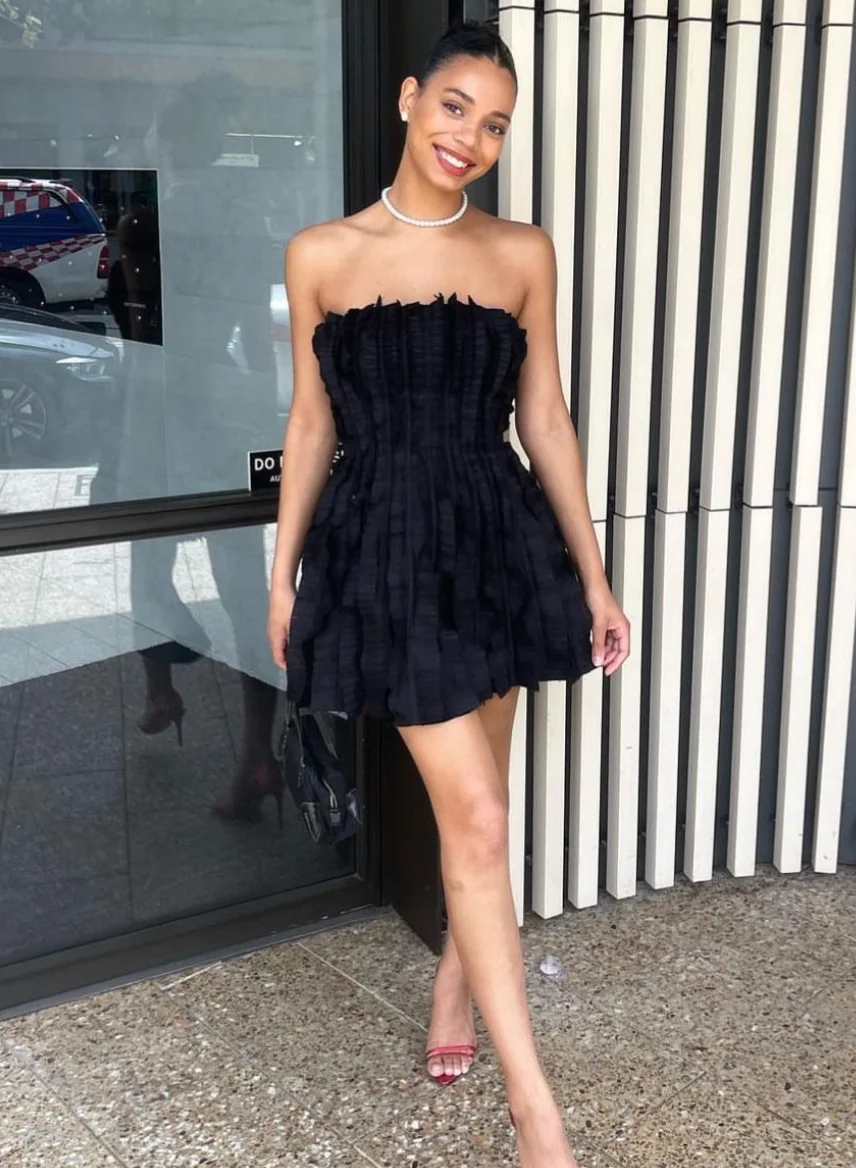 Black Strapless Textured Mini Dress with Red Ankle Strap Heels