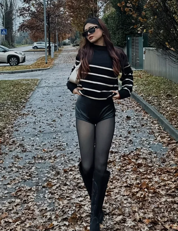 Black Striped Sweater + Black Leather Micro Shorts + Sheer Tights + Knee-High Boots