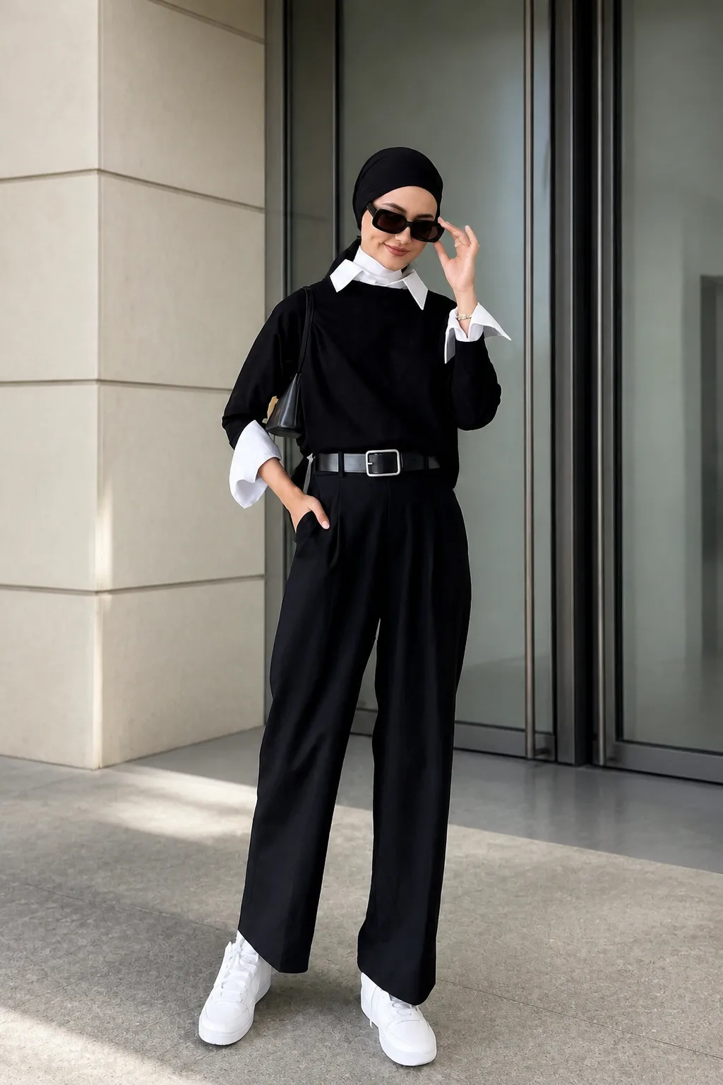 Black Sweater + Pleated Pants + White Sneakers