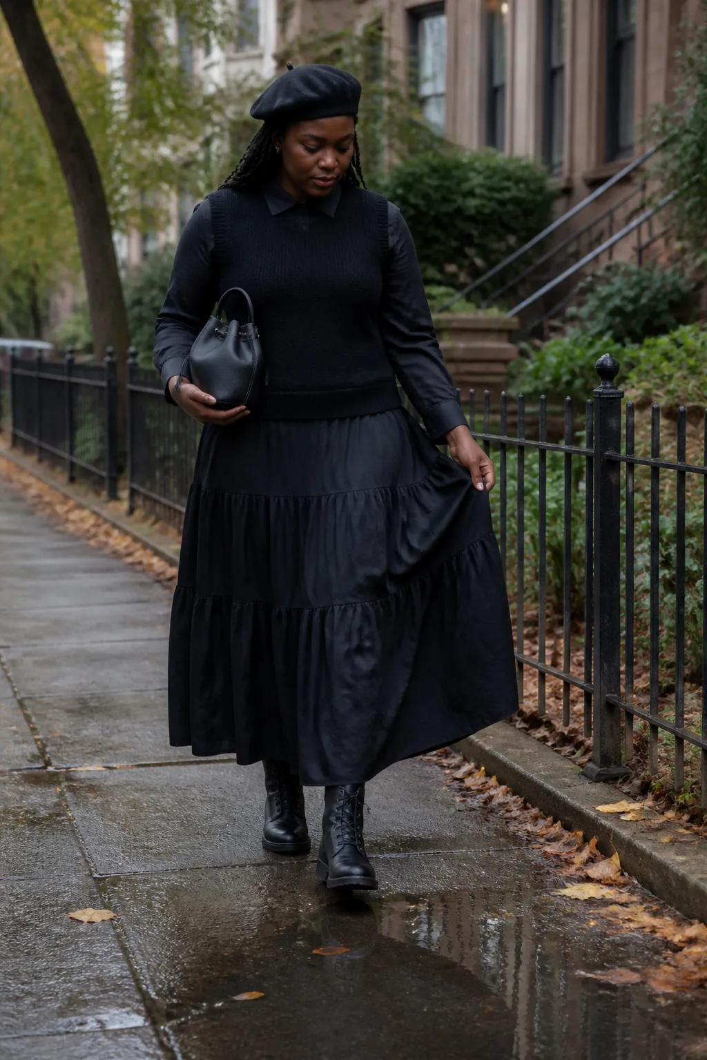 Black Sweater Vest with Tiered Maxi Skirt
