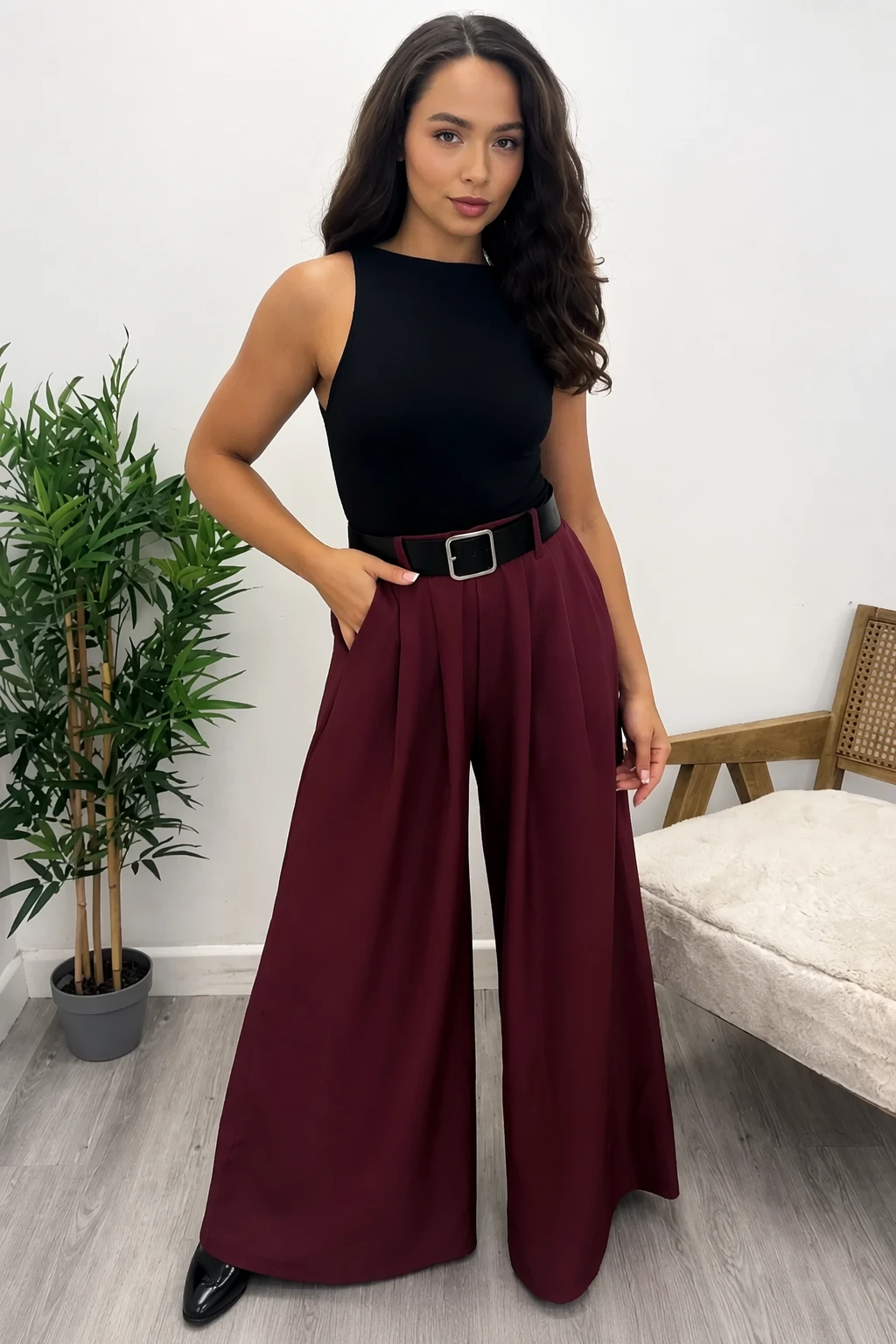 Black Tank + Wide Leg Pants + Wide Belt Outfit