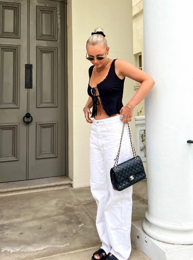 Black Tie-Front Crop Top + White Wide-Leg Pants + Black Sandals