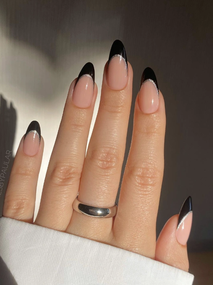 Black Tipped Almond Nails with Silver Detail