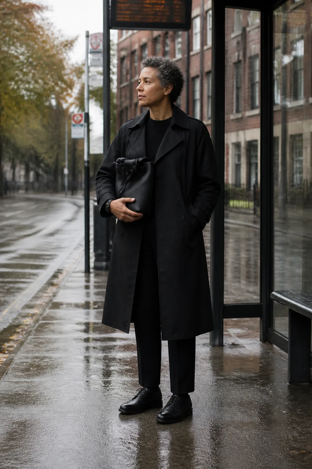 Black Trench Coat with Straight-Leg Trousers